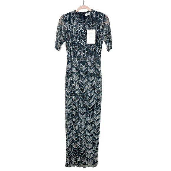 NWT Mac Duggal Beaded Fringe Quarter Sleeve Column Gown 4 Charcoal #8220 - Picture 3 of 8